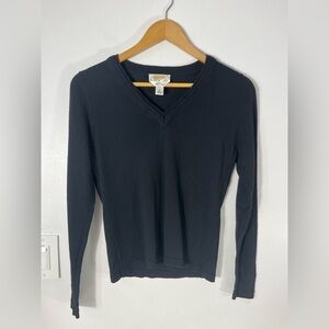 Talbots Petites Womens Size Small Black 100% Merino Wool V-Neck Sweater